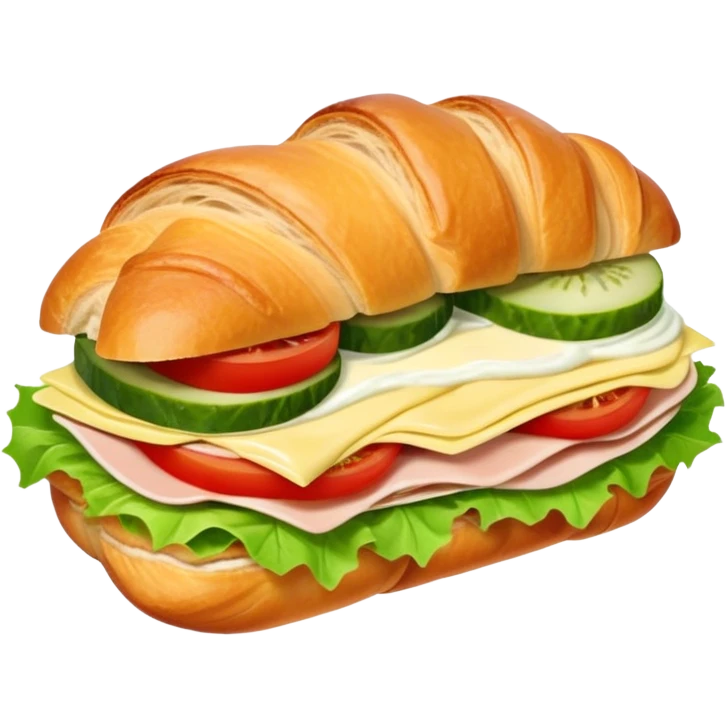 sandwich with turkey, lettuce, pickles, mayonnaise, and tomatoes on a croissant emoji