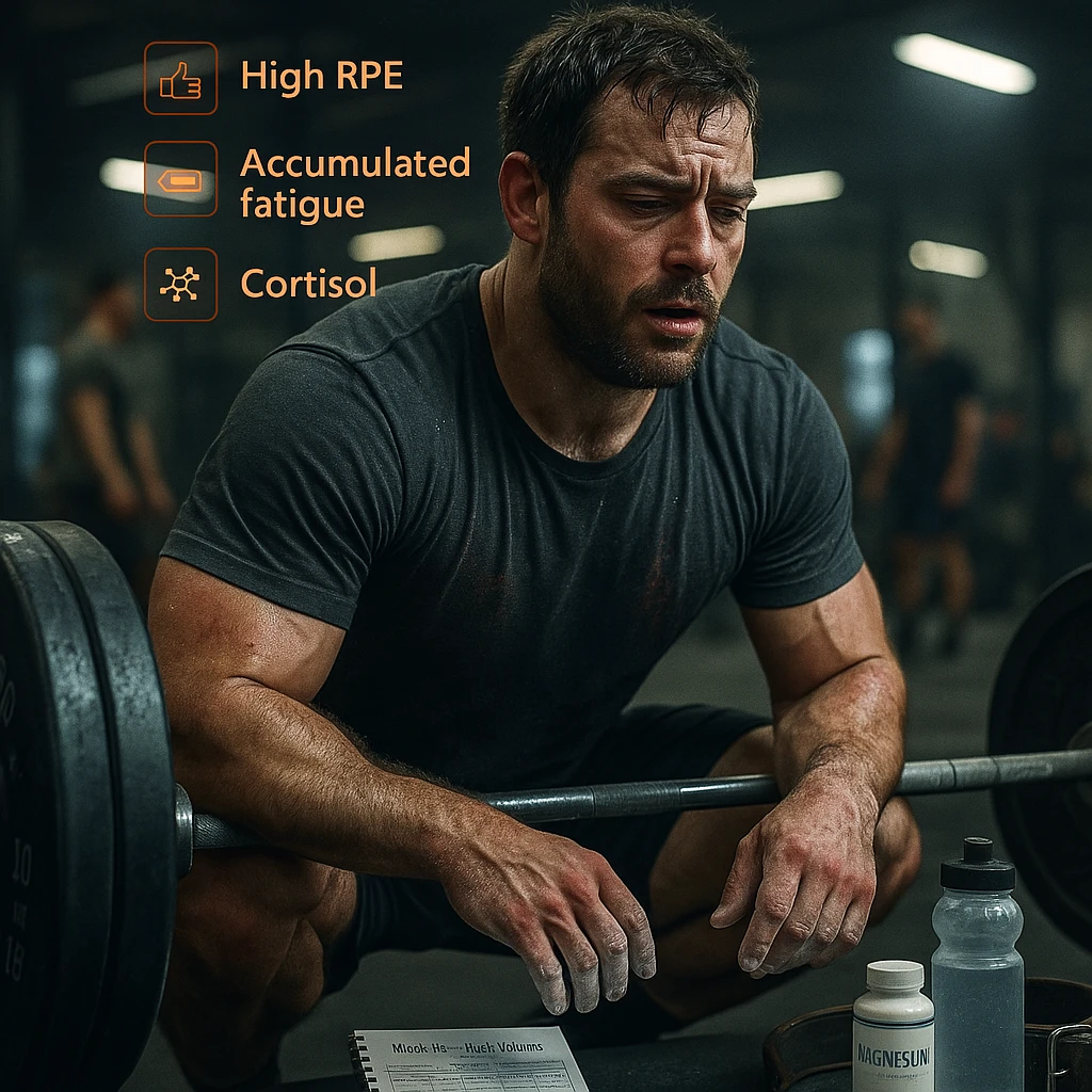 A muscular man in his early 30s, mid-workout in a gym, sweating heavily, expression showing fatigue and strain but still focused. He’s performing heavy barbell squats or deadlifts, with chalk-covered hands, and a visible training logbook nearby showing notes like 'Week 4 – High Volume'. Slight dark circles under his eyes, subtle red irritation around joints and tendons, symbolizing overuse. A water bottle, magnesium supplement, and lifting belt on the floor. Background: a real gym environment with other athletes, slightly blurred. Ambient lighting: cool tones with overhead gym lights. Optional floating icons showing high RPE, accumulated fatigue, cortisol levels slightly elevated. Style: cinematic realism, emotionally intense yet grounded in sports physiology. emoji