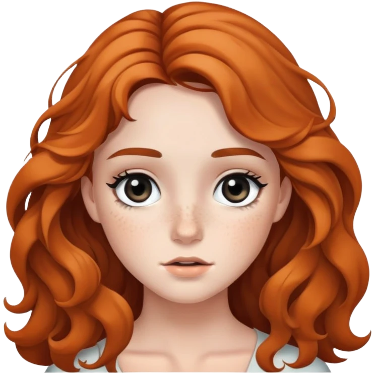 girl with wavy long hair, striking black eyes, subtle makeup, and scattered freckles emoji