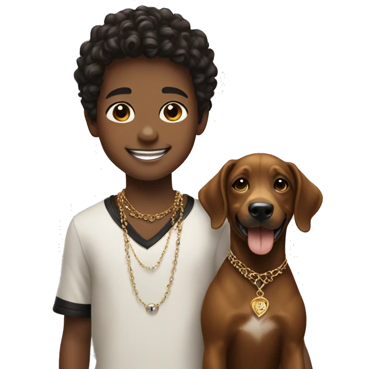 smiling boy with dog  brown and black and jewelry emoji