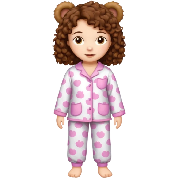 Grown up Woman with brown eyes, brown curly hair, white skin, full body in cute pijama bear emoji