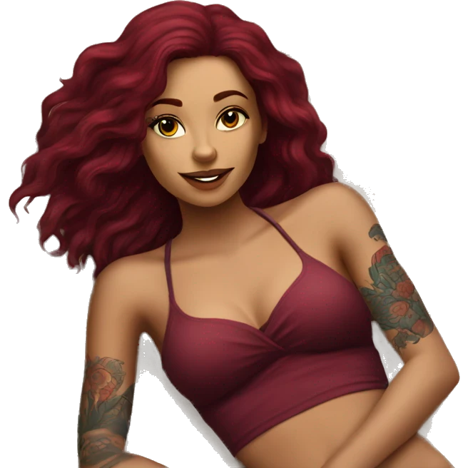 Beautiful tattooed burgundy long haired woman laying on the beach emoji