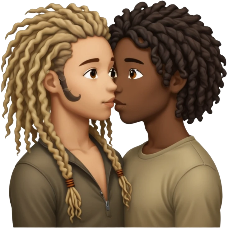 Curly haired lightskin kissing darkskin with dreads emoji