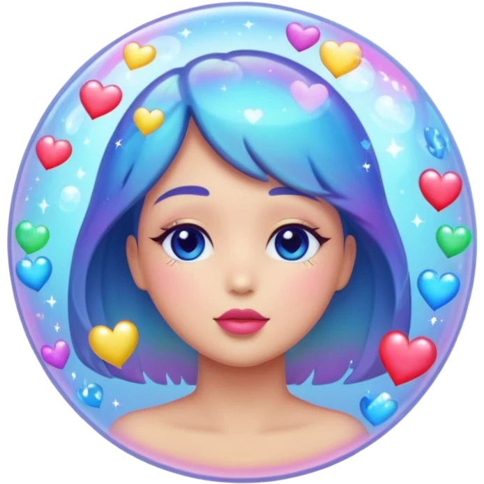 A dreamy bubble floating above a head silhouette (or just standalone) filled with little heart emojis, kiss marks 💋, and sparkles.  emoji