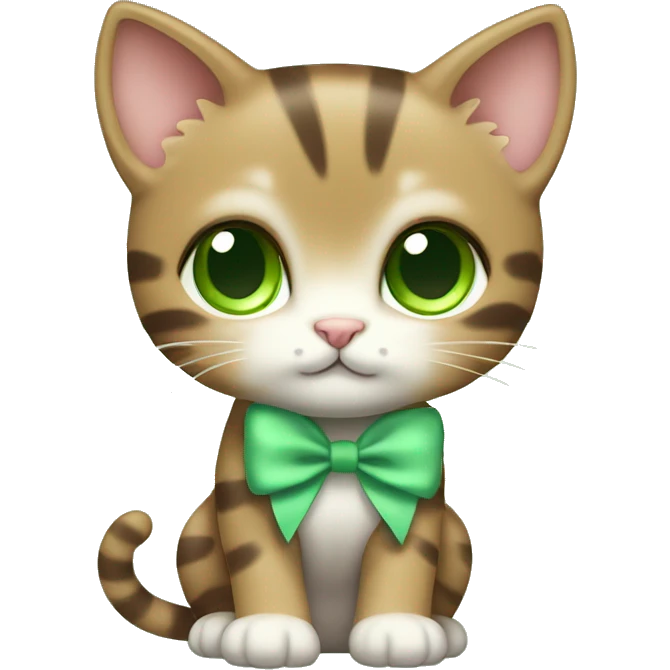 extremely cute kawaii brown tabby girl kitten with green eyes and pastel green bow full body emoji