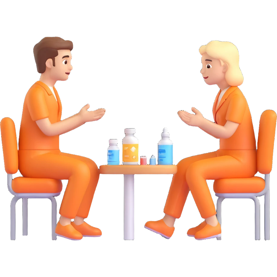Two normal people with concerned expressions, sitting in a doctor's office, considering two medical product options, in the same 3D emoji style as the reference image, neutral background. emoji