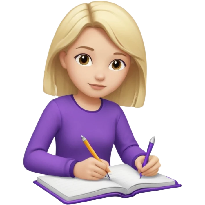 girl sitting, writing in a notebook, blond hair, dressed in purple clothes emoji