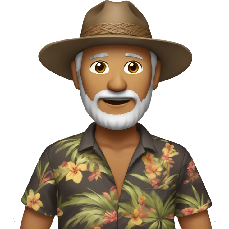 Native Hawaiian Male in with 57 years old of age,  playing a ukalele with a hawaiian closed shirt. Wearing brown shorts a cap. He has a goatiee beard of dark gray color. His skin is brown with east asian eye type.  emoji