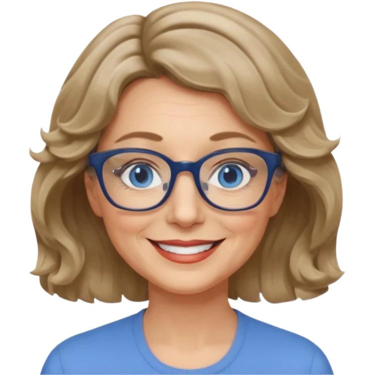 woman 60 short weavy dark blonde haire, rectangle glases, blue eyes emoji