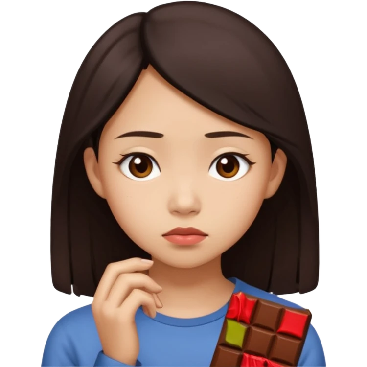 A young Asian female with a gloomy expression, thinking of chocolate emoji