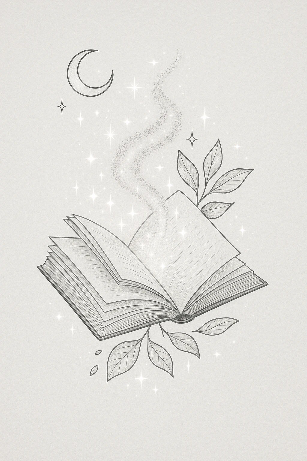 Create a clean, minimalistic drawing of an open book with magical energy, sparkles, and glowing effects. Use detailed shadows and highlights, in the style of the reference image. emoji