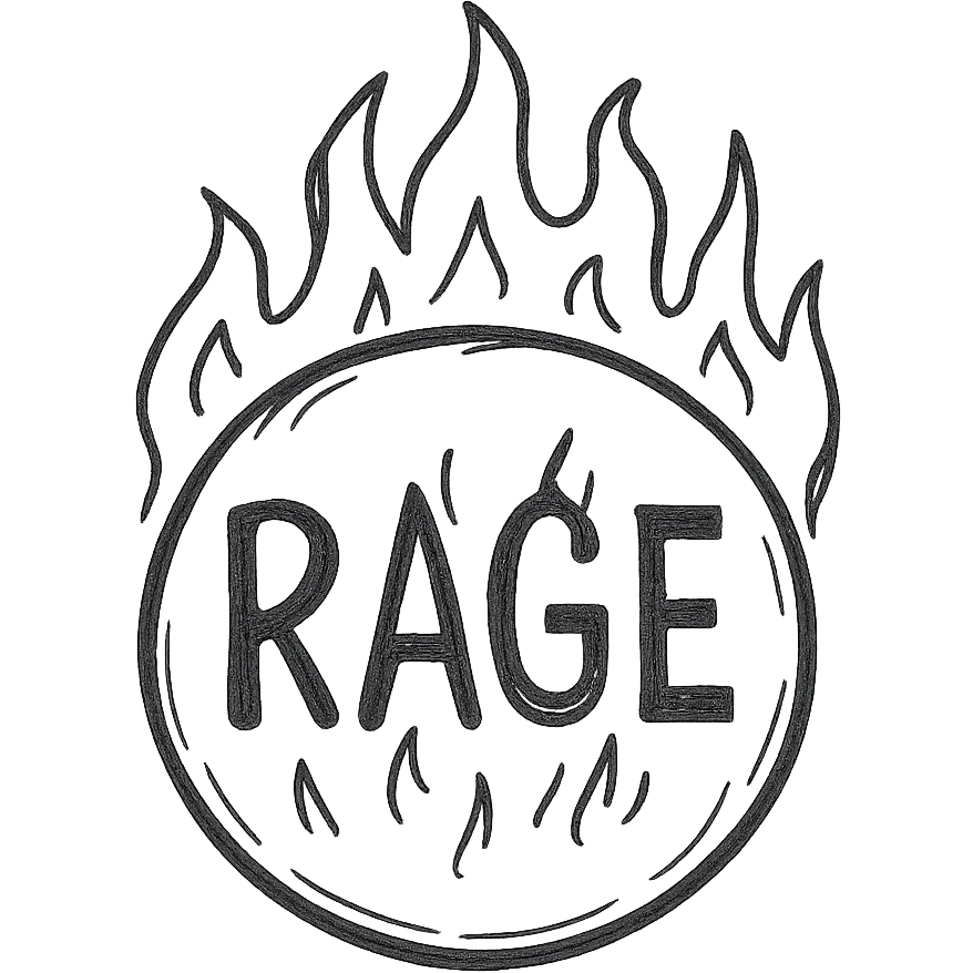 hand-drawn style emoji with a gradient red background, dark center, 'RAGE' in red text, fire effects around the text emoji