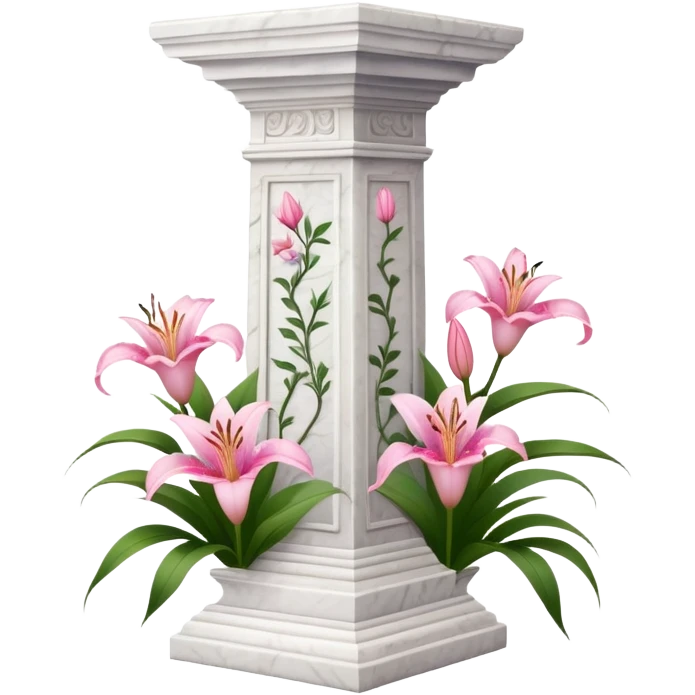 White tall marble pedestal with vines growing on it and pink lilies, beautiful romantic scenery  emoji