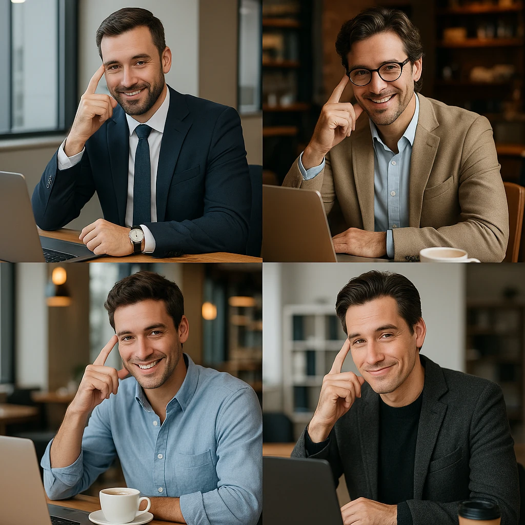 elegant man flirting gesture, varied styles, work or cafe environment emoji