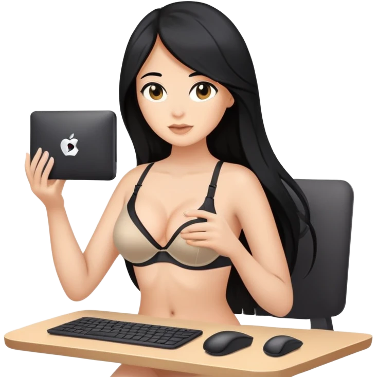 woman streaming on camera filming, with computer, with bra, tanned long black hair emoji