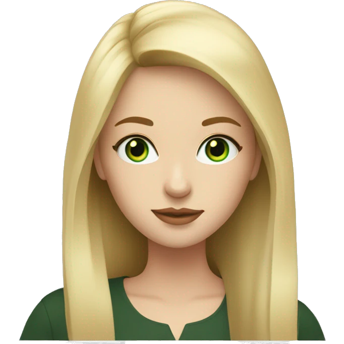 Young white woman, long blonde hair with bang, green eyes writing on laptop emoji