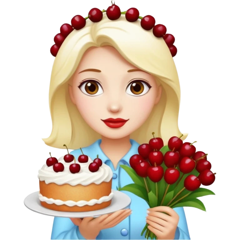 Beautiful woman with bouquet of flowers and lush white cakes with icing and cherries emoji style emoji