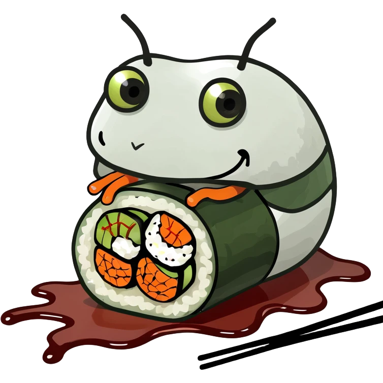 a robot shaped like a sushi roll, with LED eyes, tentacle sticks and soy sauce dripping like wires emoji