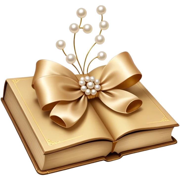 A silky champagne-colored bow resting atop an aged book with golden-brown pages, surrounded by scattered pearls.
 emoji
