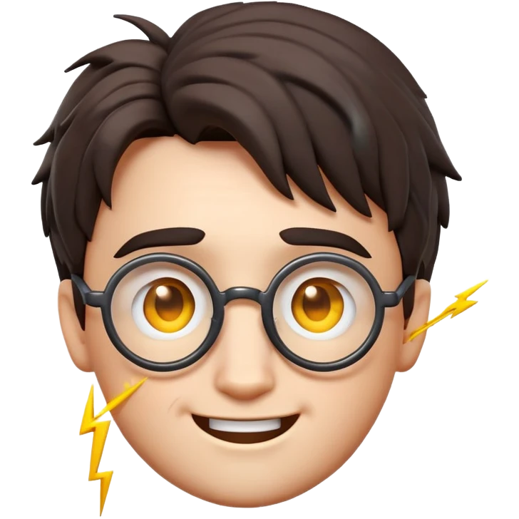 3D emoji of Harry Potter's face with round glasses, a lightning bolt scar on his forehead, messy dark hair, and a friendly smile in glossy emoji style. emoji