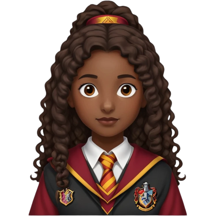 Alicia Spinnet in harry potter, wear hogwarts gryfindor uniform, long, dark, curly ponytail hair, dark skin emoji