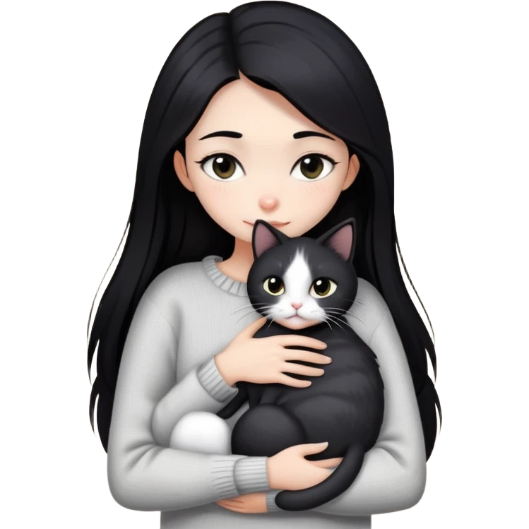 Beautiful skinny woman long dark black hair in sweater hug black white cat emoji