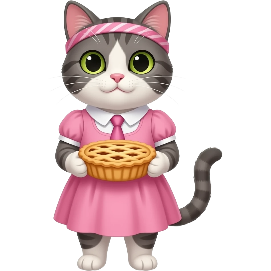 Cartoon mother cat wearing a pink dress and a tie around it's head holding a pie emoji