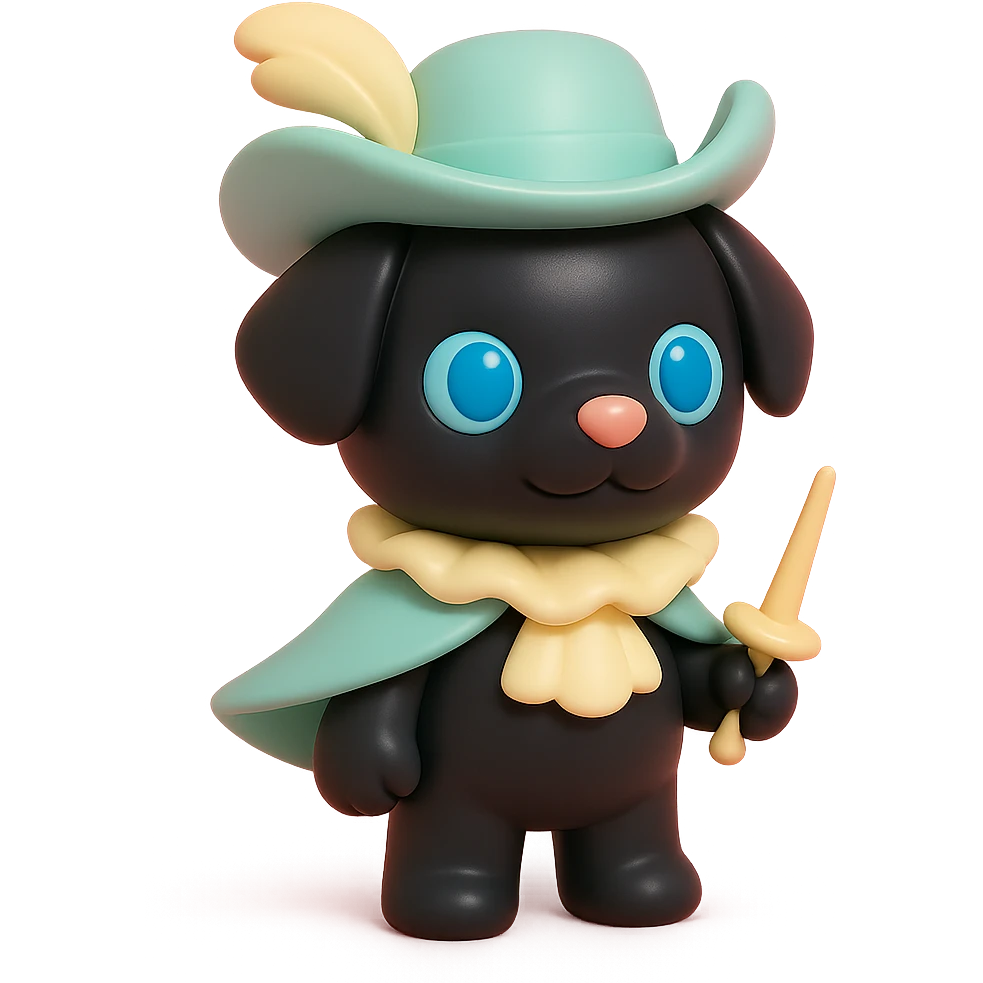 A cute small dog with sleek black fur, bright blue eyes, and a playful expression, dressed as a musketeer. The dog is wearing a classic musketeer hat with a feather, a tiny cape, and a ruffled collar. The dog is standing confidently with a tiny sword. emoji
