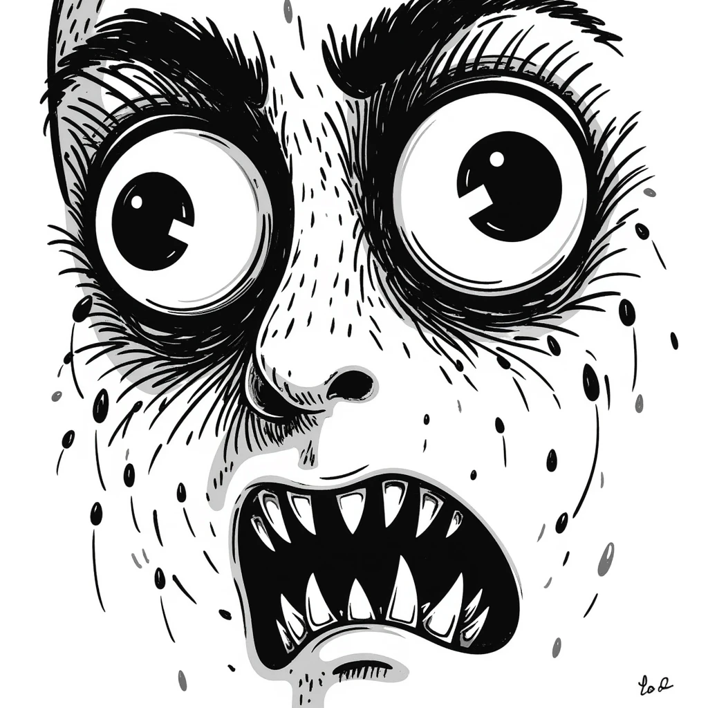 sketchy japanese horror manga style, extremely disturbing face with bulging eyes, split face revealing hundreds of tiny teeth inside, uncanny, creepy, Junji Ito inspired emoji