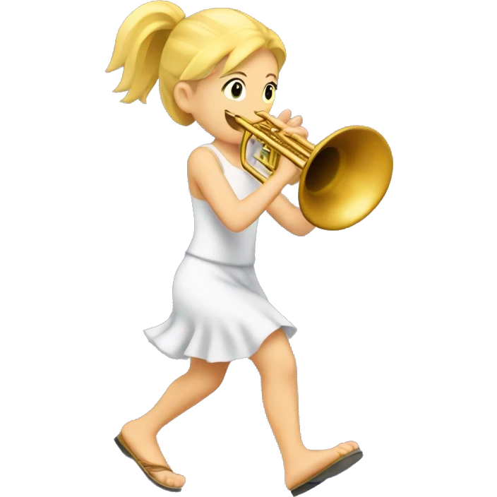 Blonde girl barefoot and marching while playing trumpet  emoji