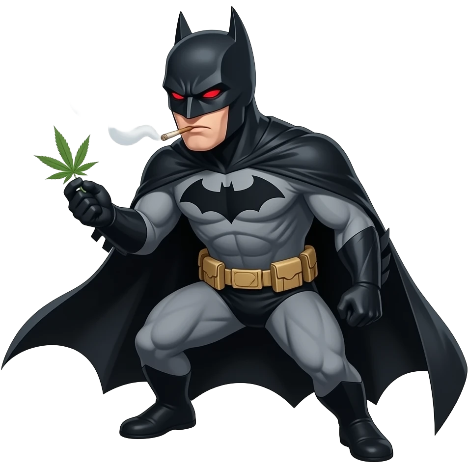 Згенеруй бетмена який курить травичку і в нього червоні очі, в повний зріст, під кутом emoji