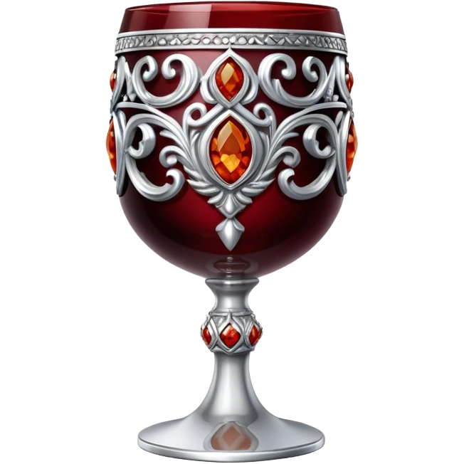 ornate silver goblet decorated with red amber stones filled with red wine emoji