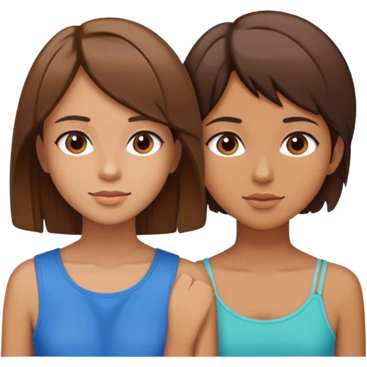 two girls, one with short layered choppy brown hair to the chin, tan skin; the other with straight brown hair to the shoulders, tan skin emoji