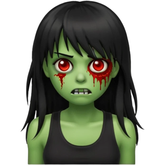 Zombie emoji with long hair black and bangs, with green skin, big red eyes, small nose, and a simple black tank top.  emoji
