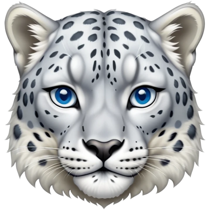 Cinematic-Noble-Snow-Leopard-Portrait-Emoji – Poised and majestic, with a muscular, agile build and a beautifully patterned coat of soft white and grey fur, marked with striking, deep-set, intelligent icy blue eyes, simplified yet sharp and sophisticated zoomed out showing the shoulders emoji