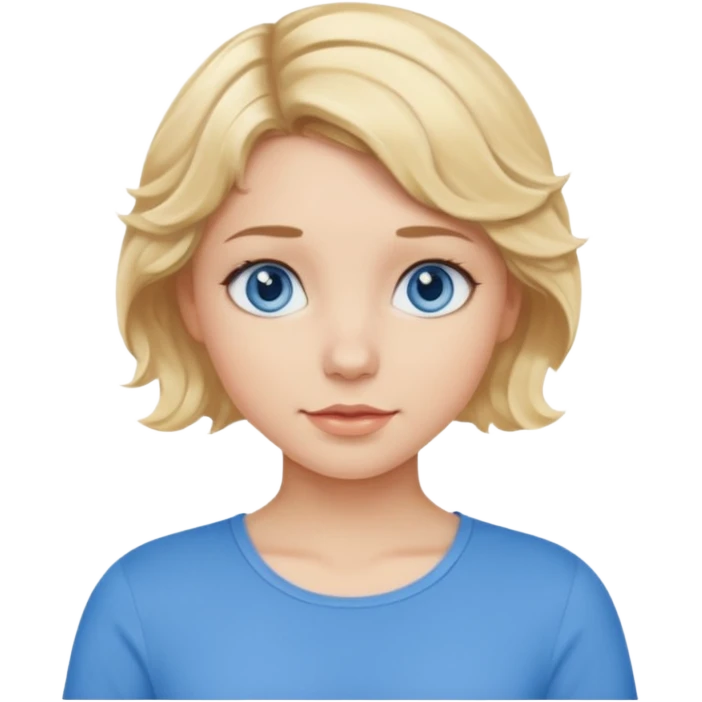 Girl Blonde short wavy hair,  blue eyes, cute blue top,  emoji