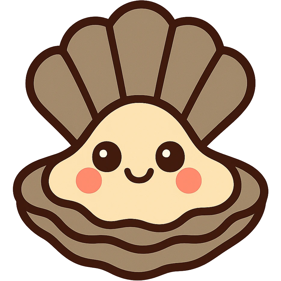 cute oyster, cream color, pink cheeks, doe eyes, greige shell, vibrant toon style emoji