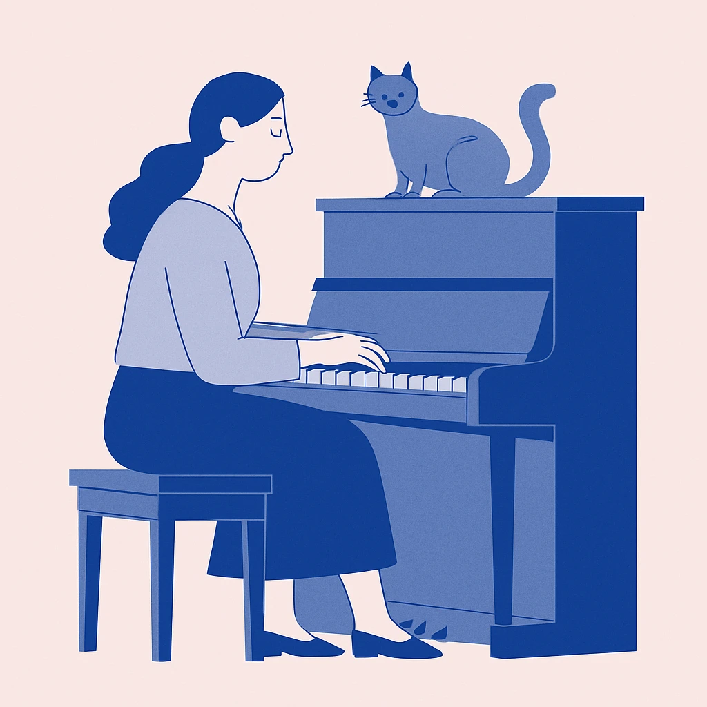 woman playing piano while her cat sits on top of the piano emoji