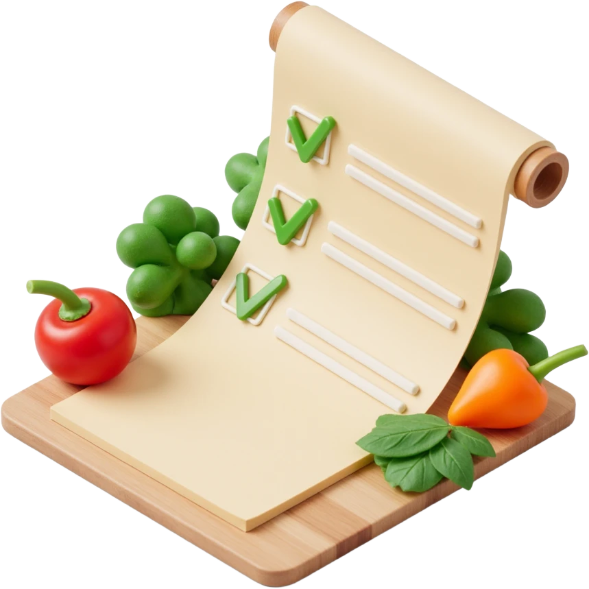 floating rolled paper list with green checkboxes and around vegetables emoji