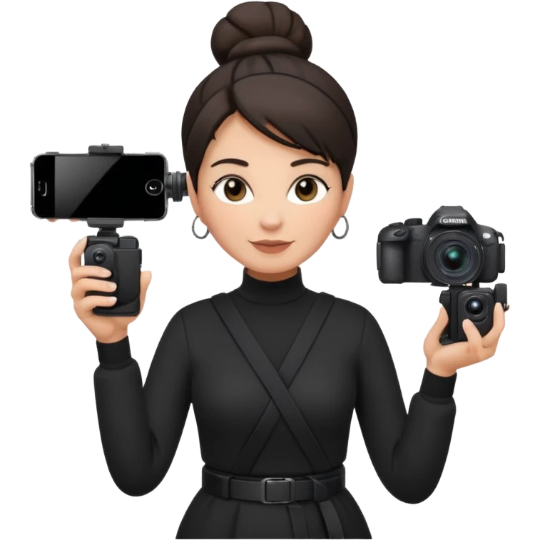 middle aged woman photographer with dark hair in a bun, wearing black clothes, carrying a canon r5 and an iPhone on a gimbal emoji