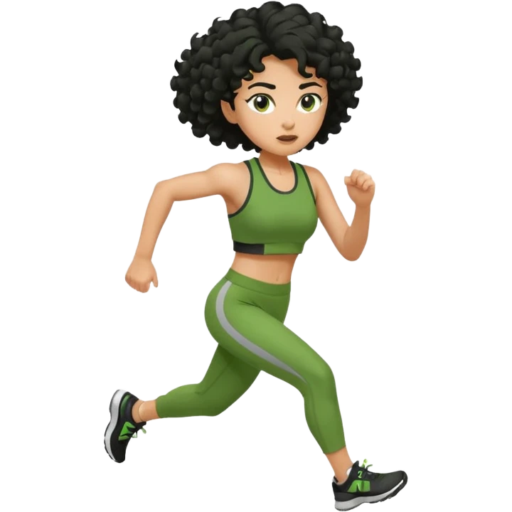 a woman with olive skin tone and curly black hair wearing green and running fast emoji