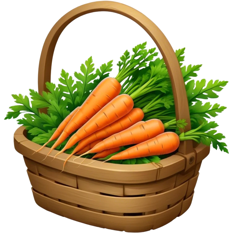 Cinematic vibrant orange carrot, crisp and fresh, slightly twisted with green leafy tops, arranged in a rustic wooden basket, natural and inviting. emoji