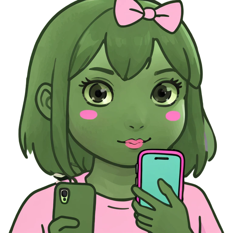 kawaii girl scrolling on pink cell phone emoji