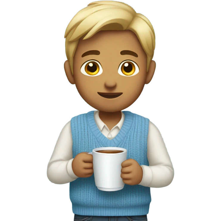 boy in light blue sweater vest holding cup looking at viewer emoji