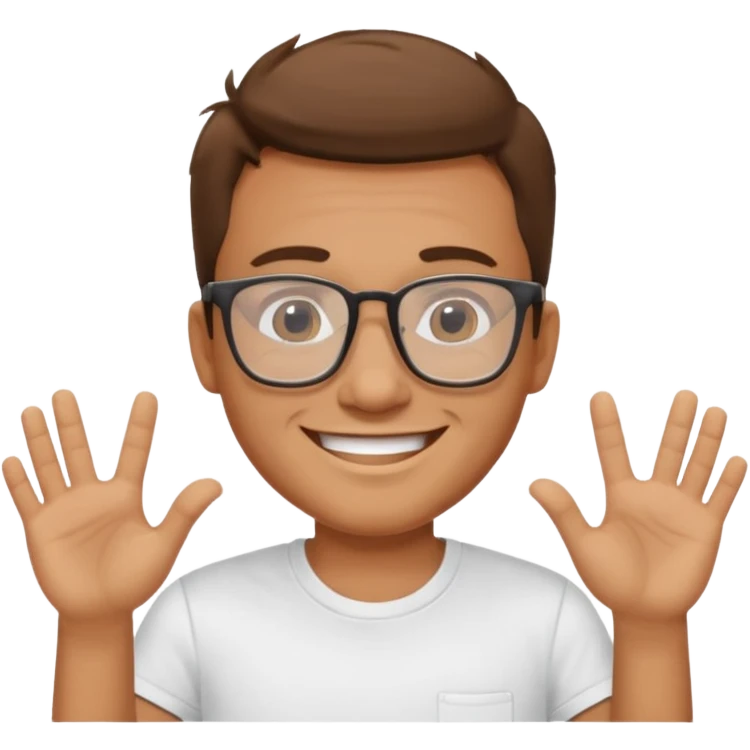 portrait of adult man, wearing a t-shirt, square glasses, smiling face emoji