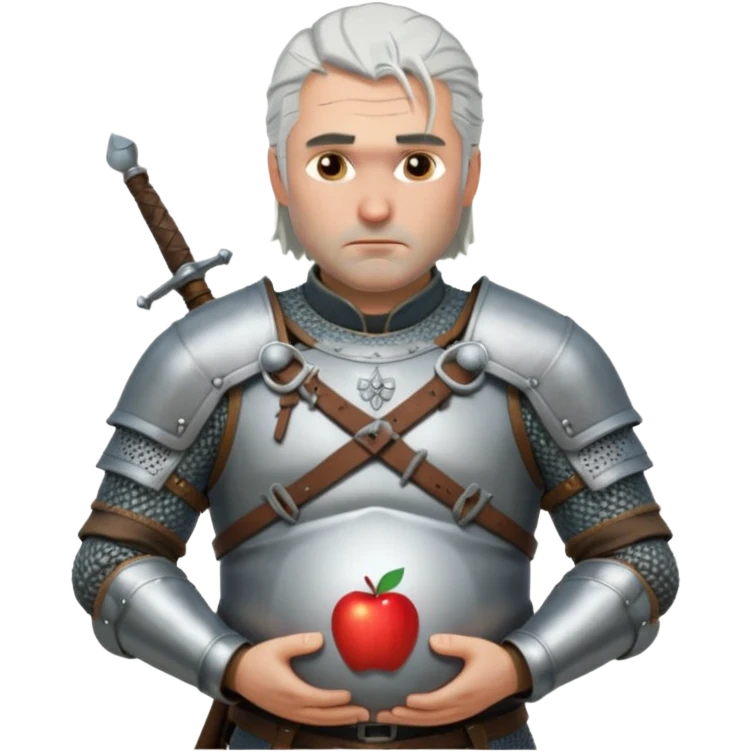 Geralt of Rivia holding pregnant belly, silver hair, medieval armor, serious expression, Apple emoji style emoji