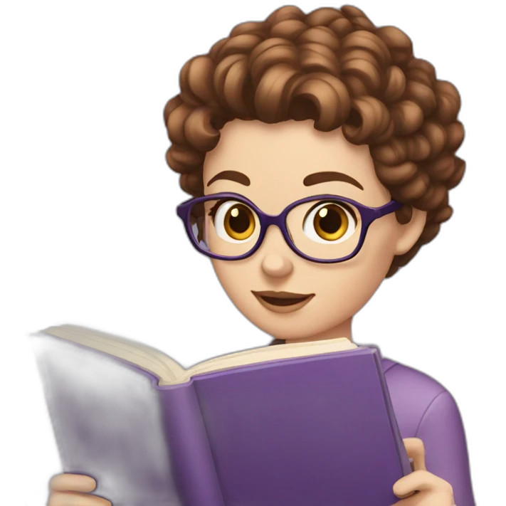 white girl with really short brown curly hair reading a purple book emoji