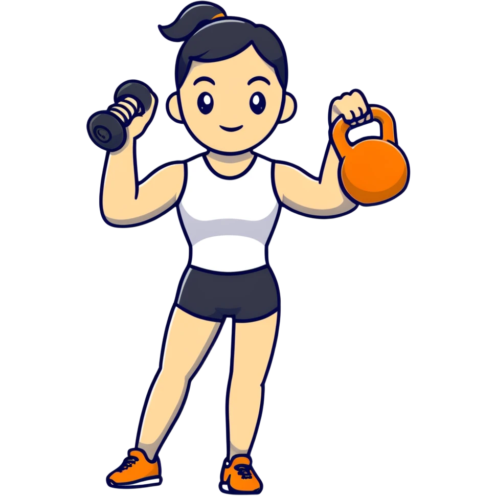 sport girl with kettlebell in one hand and waving hello with the other emoji