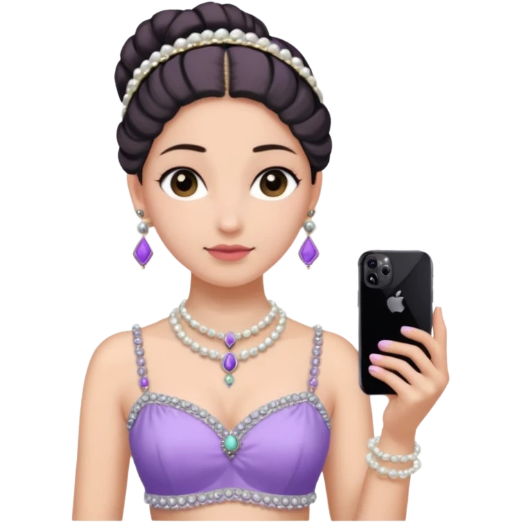 Make a girl standing in mirror in lavender lengha holding a iphone 16 pro max make her hair tie back side and a white pearl necklace  emoji