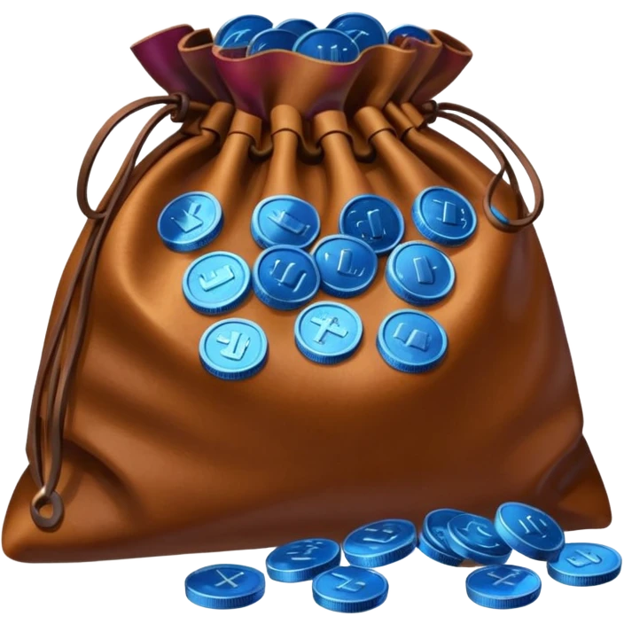 blue coins inside a brown leather bag  emoji